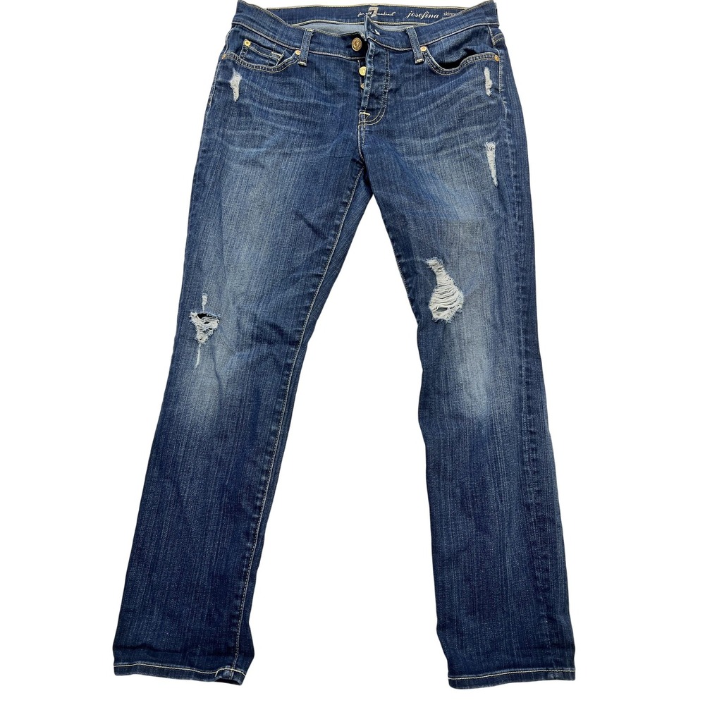 7 For All Mankind Jeans Womens 27 Blue Josefina Skinny Boyfriend Distressed